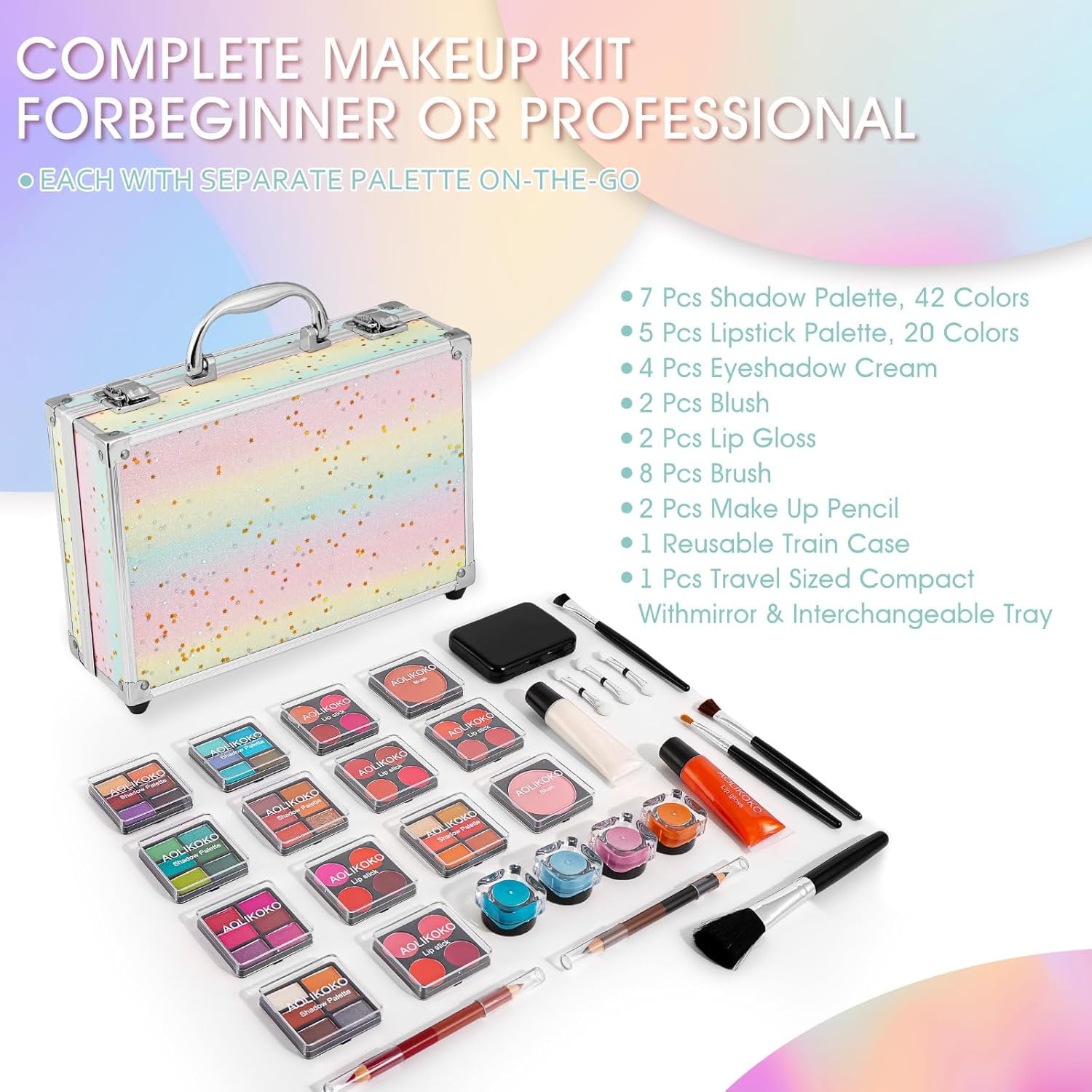 AOLIKOKO Makeup Kit for Teenager & Women,Makeup Set for Gift with Rainbow Case Includes Eyeshadow Palette Blush Lip Gloss Lipstick Eye Pencil Brush Mirror