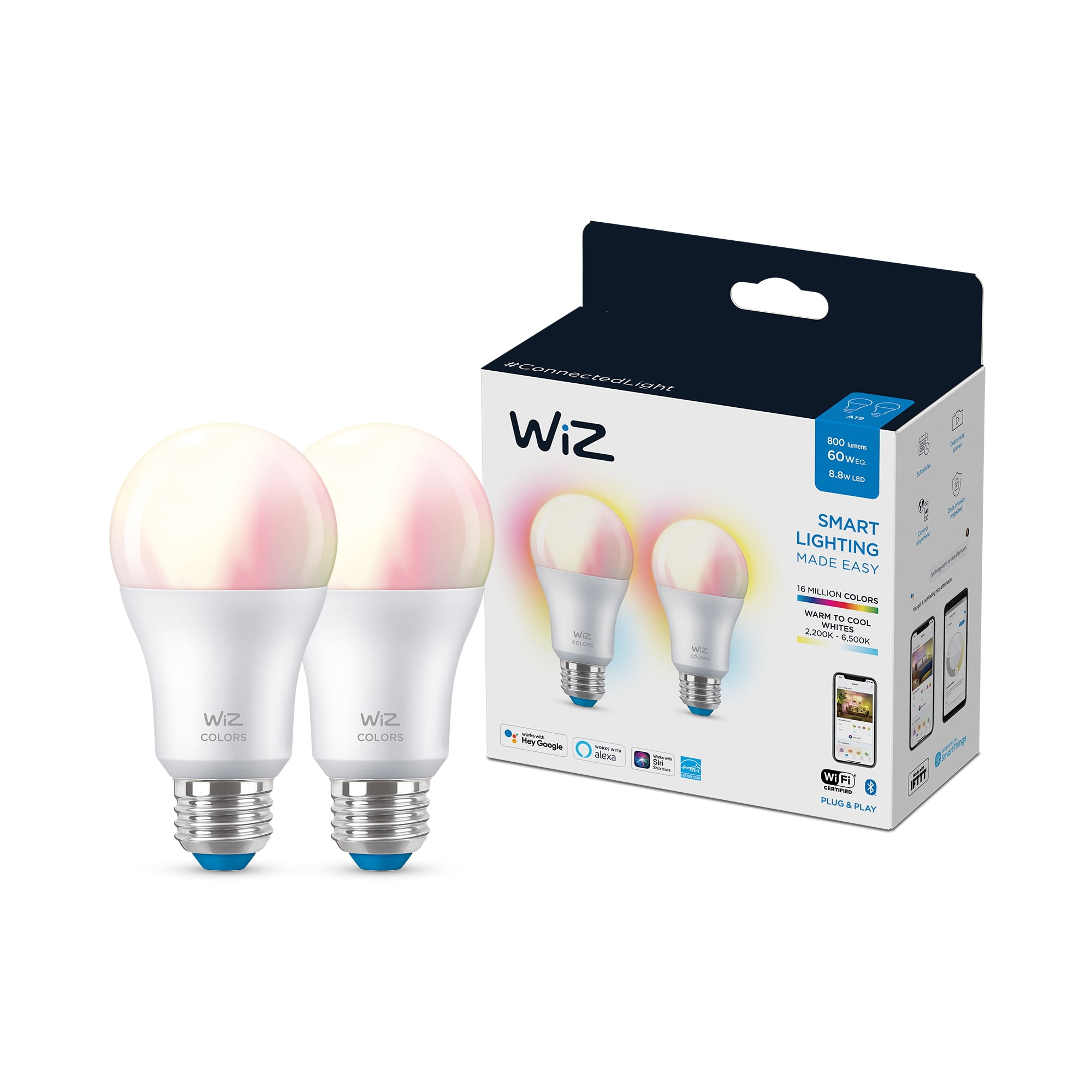 WiZ LED Smart Wi-Fi Connected 60-Watt A19 Color & Tunable White Light Bulb, Dimmable, 2-Pack