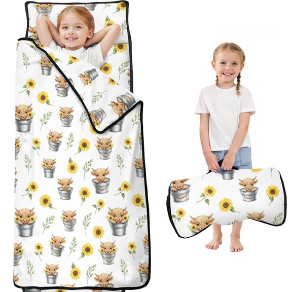Highland Cow and Sunflower Print Teens Toddler Nap Mat with Pillow, Sleeping Mat Bag for Preschool Daycare 59"x22"