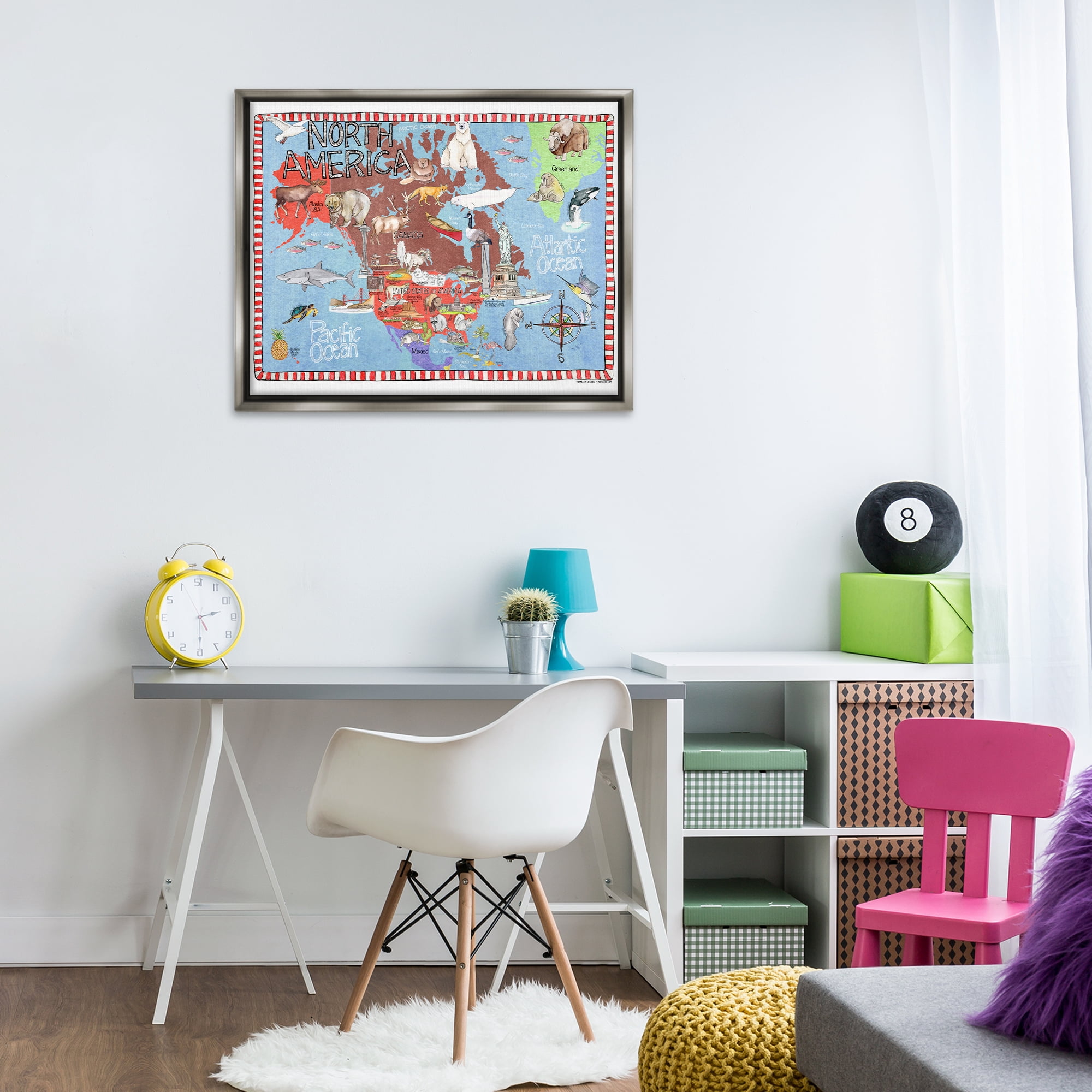 Stupell Industries North America Map Town & City Painting Gray Floater Framed Art Print Wall Art, 31 x 25