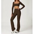 thumbnail image 3 of PISONIC Workout Sets for Women 2 Piece Square Neck Long Sleeve Crop Tops High Waist Flared Leggings Gym Sets, 3 of 13