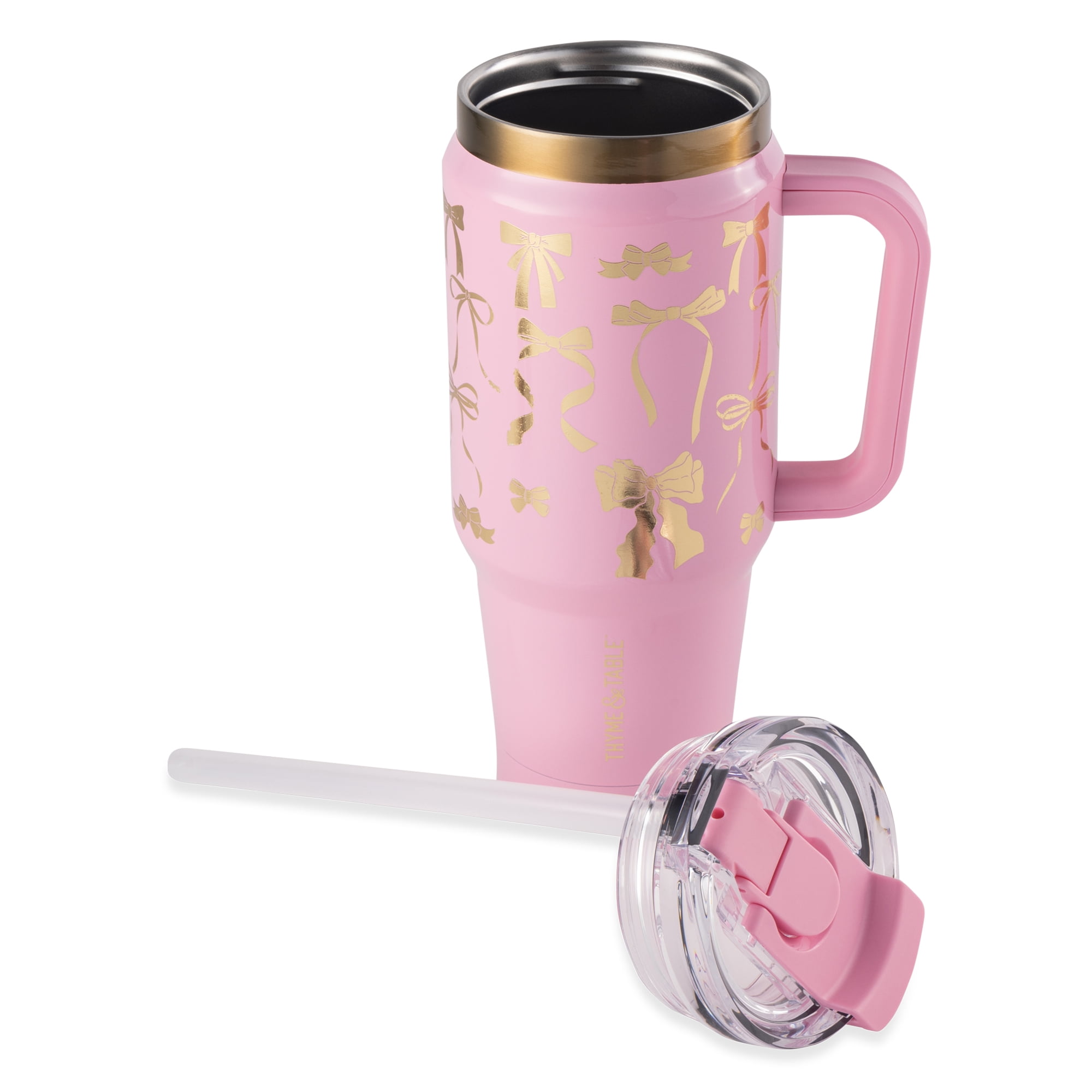 Thyme & Table 32 fl oz Stainless Steel Luna Tumbler with Handle and Dual Straw Lid, Pink & Gold Bows