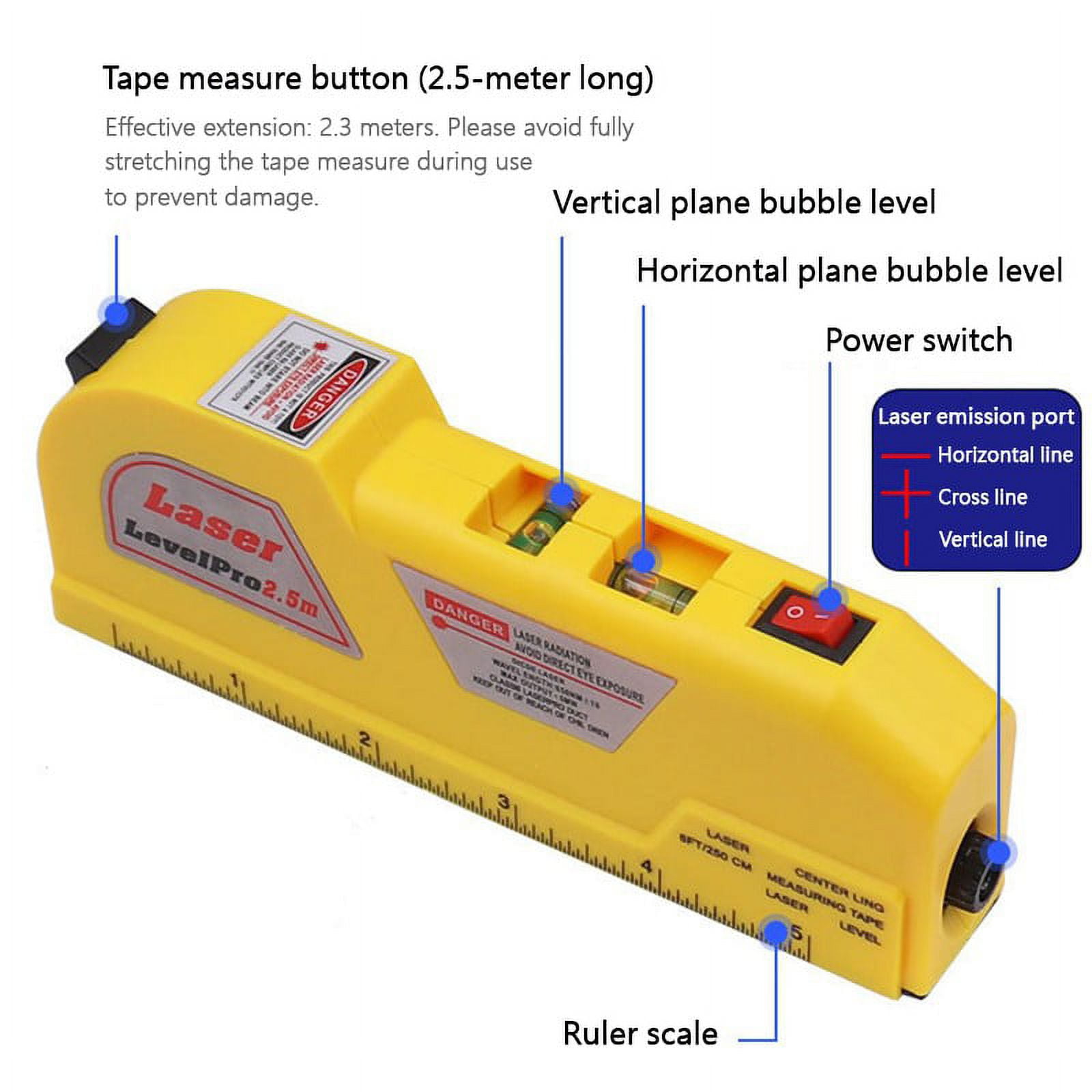 Dekton 6 in 1 Laser Level Bubble Spirit Level Tape Measure Metric Tape  Ruler