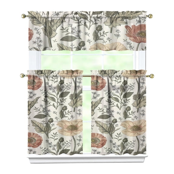 Retro Wildflower Curtains 36 Inch - 3 Panel Rustic Farmhouse Kitchen Set with Vintage Botanical Print, Boho Chic Rod Pocket Design for Country Style