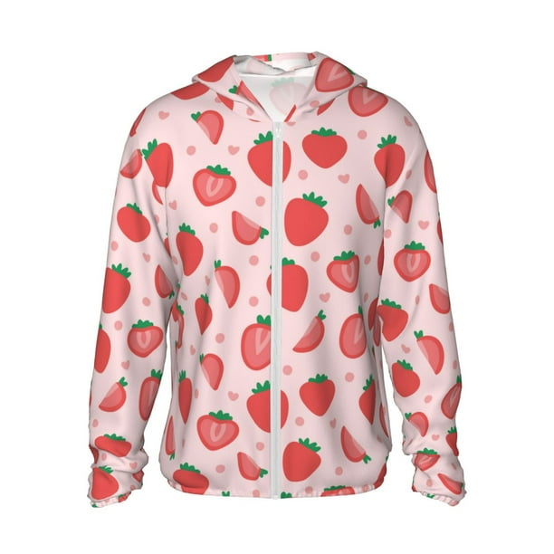 Fotbe Strawberry Chaqueta con Protección Solar UPF 50+ para Hombre y Mujer, Camisa con Capucha y Bolsillos-X-Large
