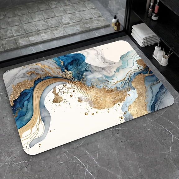Diatomaceous Earth Bath Mat,Natural Blue and Gold Marble Non-Slip Volume Super Absorbent Fast Drying Eco-Friendly Easy to Clean for Bathroom Kitchen Door mat 16×24Inch (40 * 60cm)