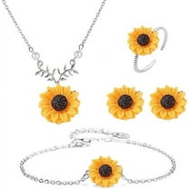 4 Pieces Sunflower Pendant Faux Pearl Chain Necklace Boho Sunflower Charm Bracelet Earrings Ring set for Women Jewelry Accessories