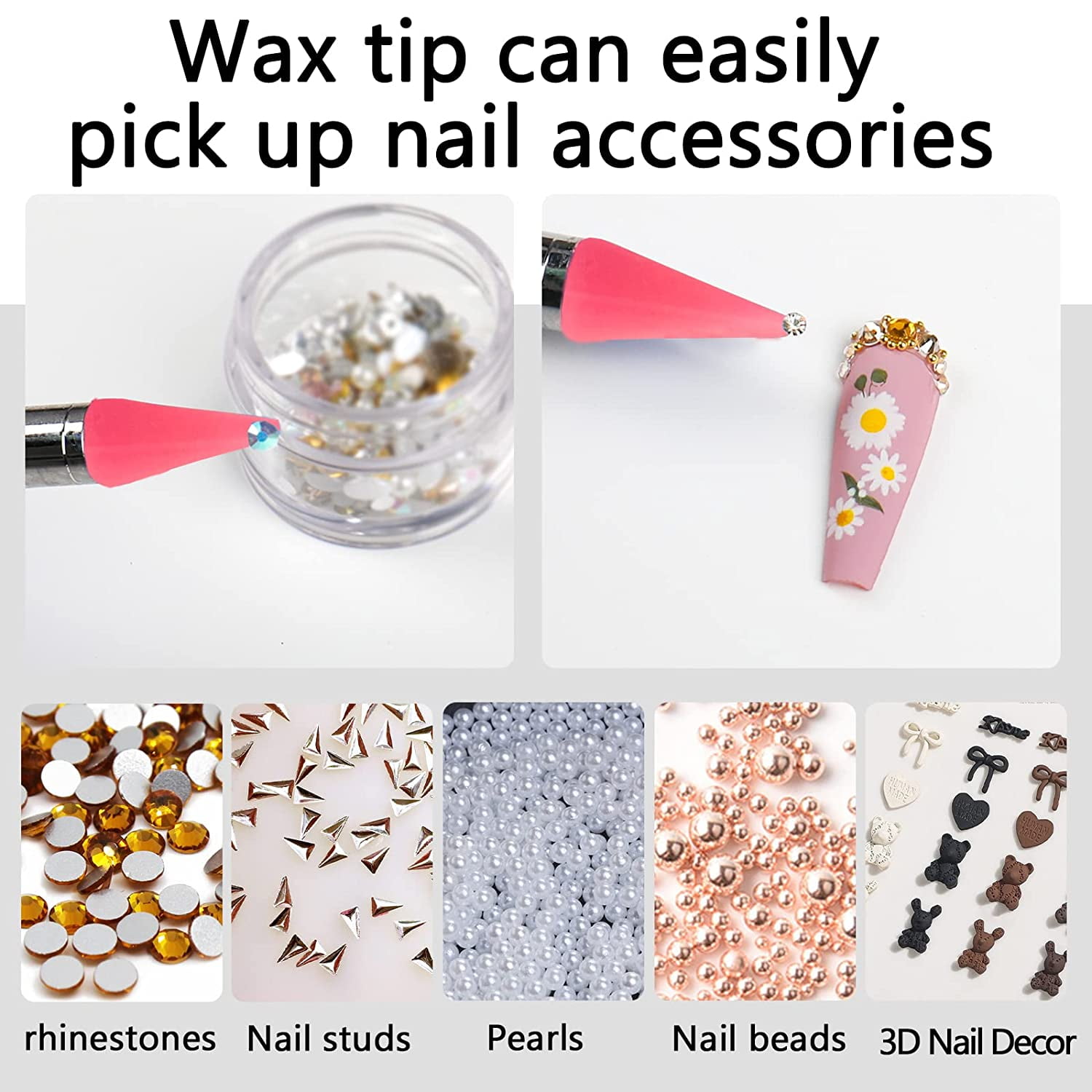 Menkey Dual-Ended Nail Rhinestone Picker Wax Silicone Tip Pencil Pick Up Applicator Dual Tips Dotting Pen Beads Gems Crystals Studs Picker with Acrylic