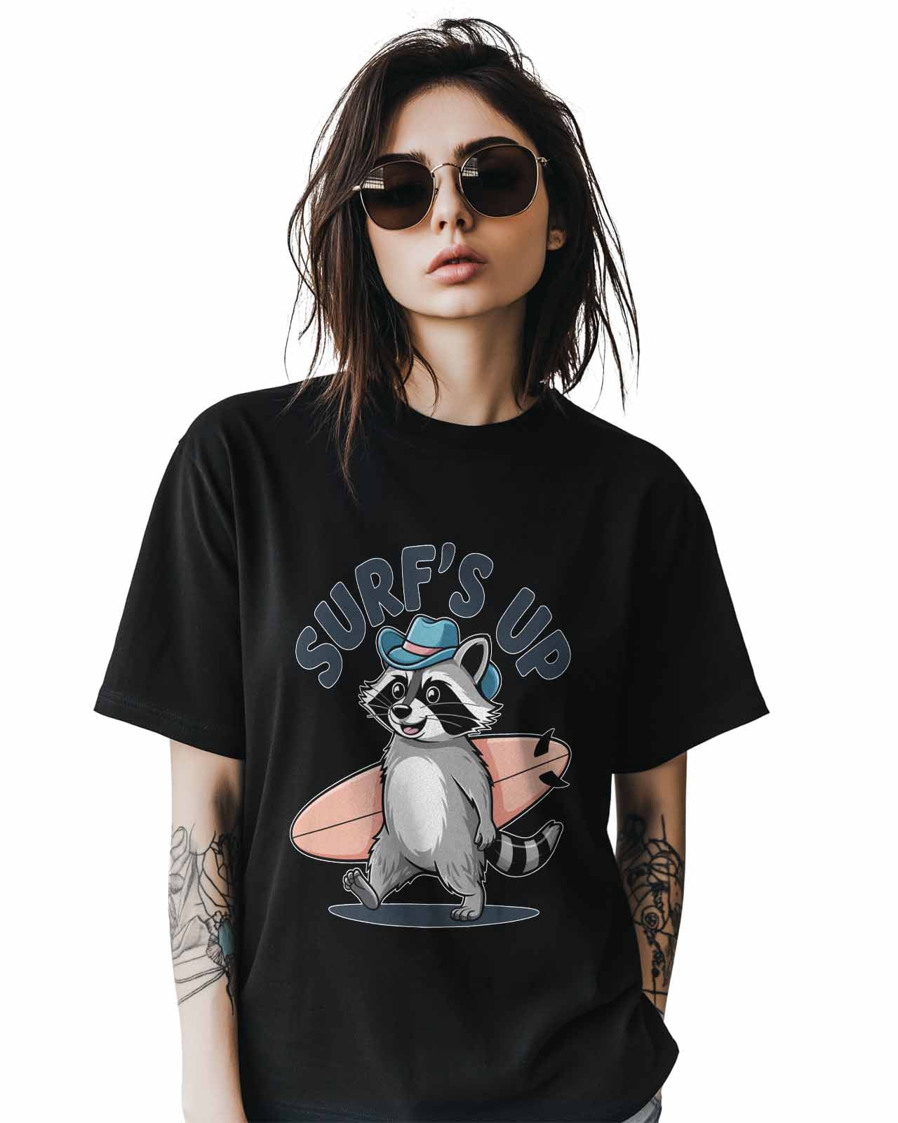 Raccoon Surf Vacation Womens Tshirt Graphic Tees Cotton Crew Neck T-Shirts, Casual Short Sleeve Shirts for Women Teen Girl Funny Animal