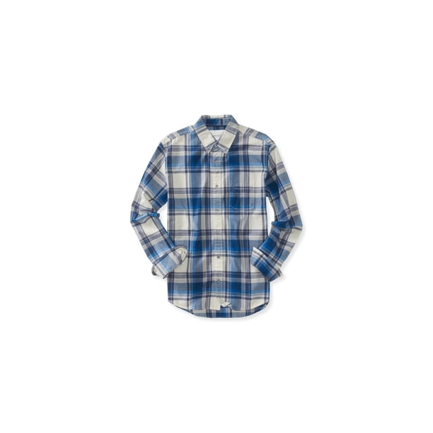 Aeropostale - Camisa con botones y bolsillo a cuadros para hombre, azul, mediano Aeropostale Botones al frente