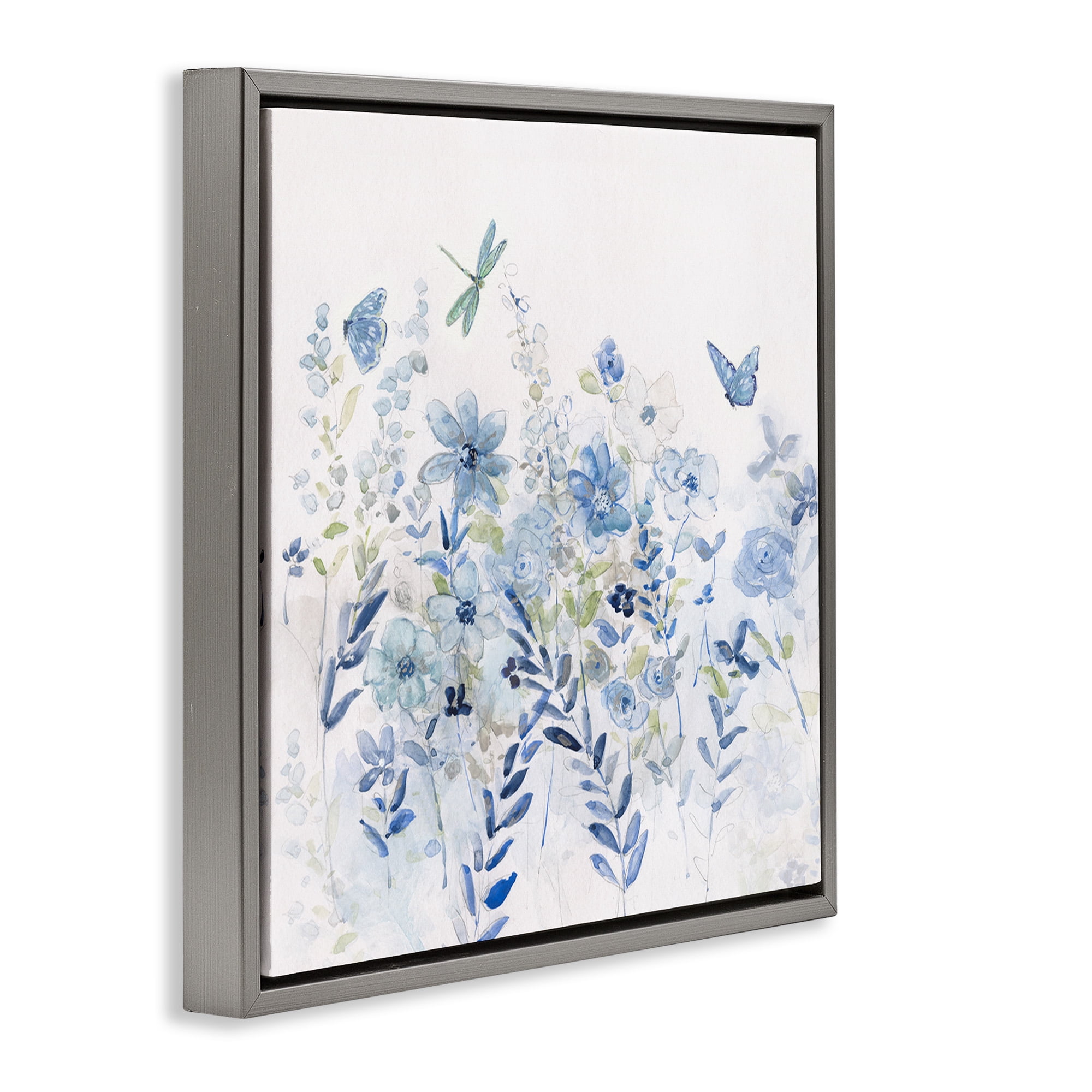 Stupell Industries Delicate Blue Floral Garden Botanical & Floral Painting Gray Floater Framed Canvas Art Print Wall Art, 25 x 25