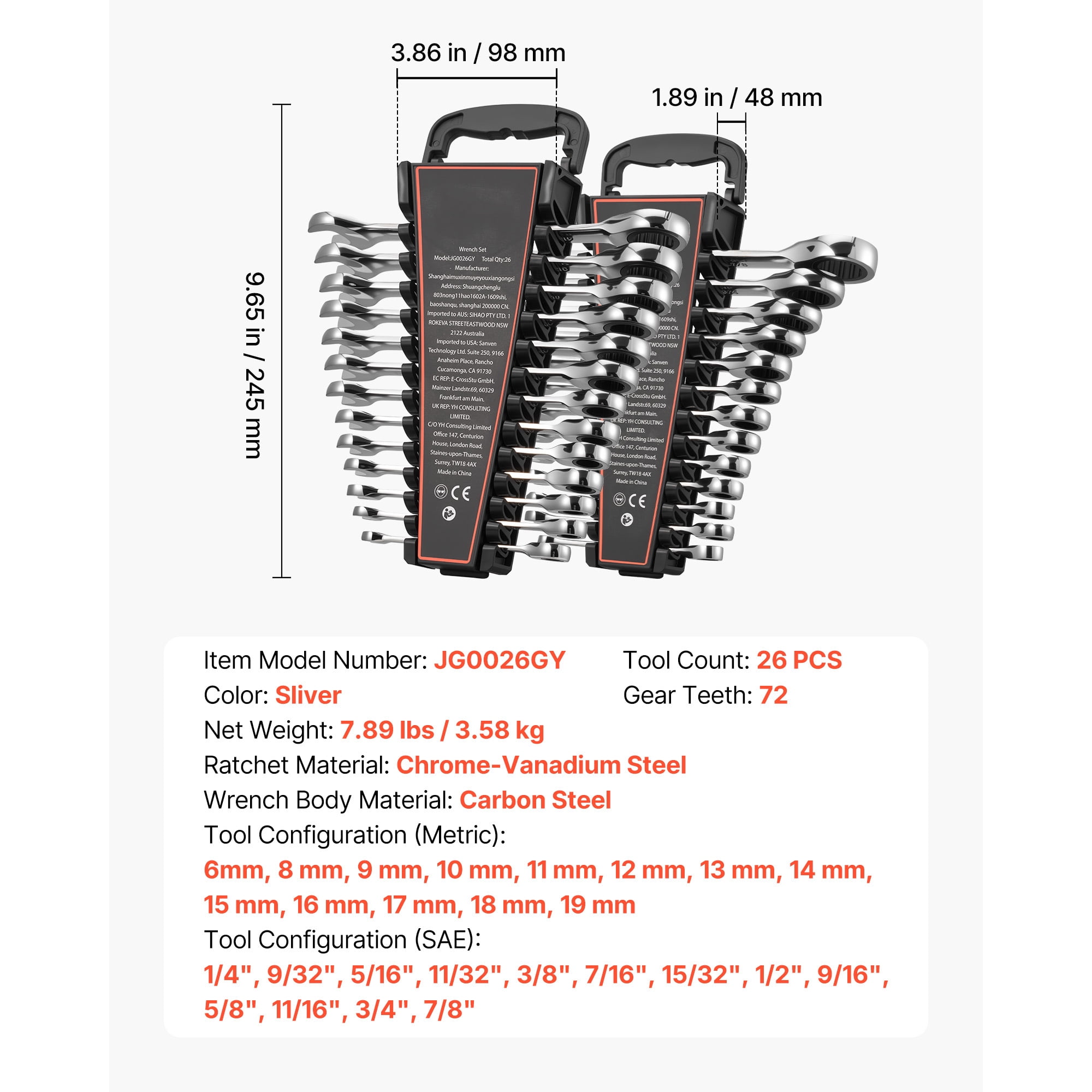 KFFKFF 26-Piece SAE and Metric Ratcheting Wrench Set, 72-Tooth Cr-V Steel Tools with Organizer Rack, Open-End Design, Clear Size Markings, Ideal for Household and Automotive Repairs, Silver