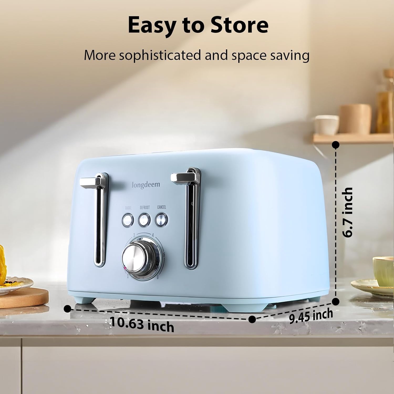 LONGDEEM 4-Slice Toaster Extra Wide Slot Stainless Steel - Removable Tray - Blue