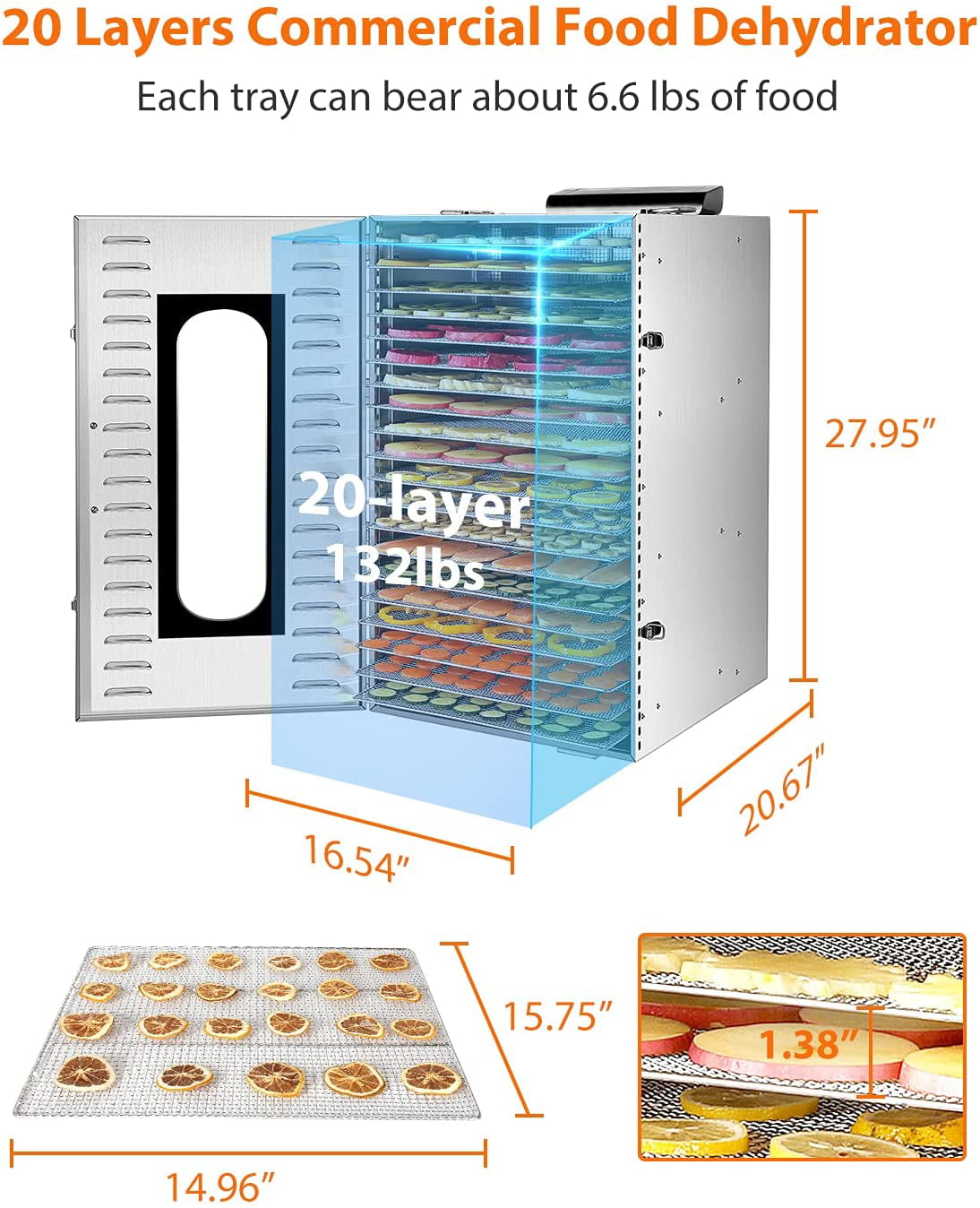 Stainless Steel GDOR Food Dehydrator with 8 Trays, Digital Adjustable Timer  & Tempe Control Food Dryer Machine for Jerky, Vegetable, Fruit, Meat, Dog