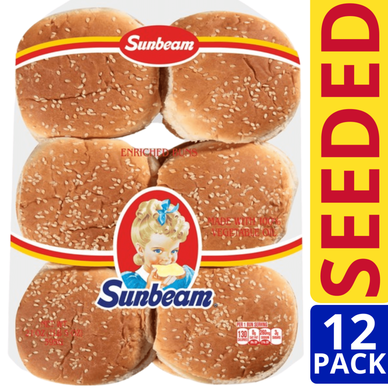 Sunbeam White Seeded Hamburger Buns,12 ct, 21 oz.