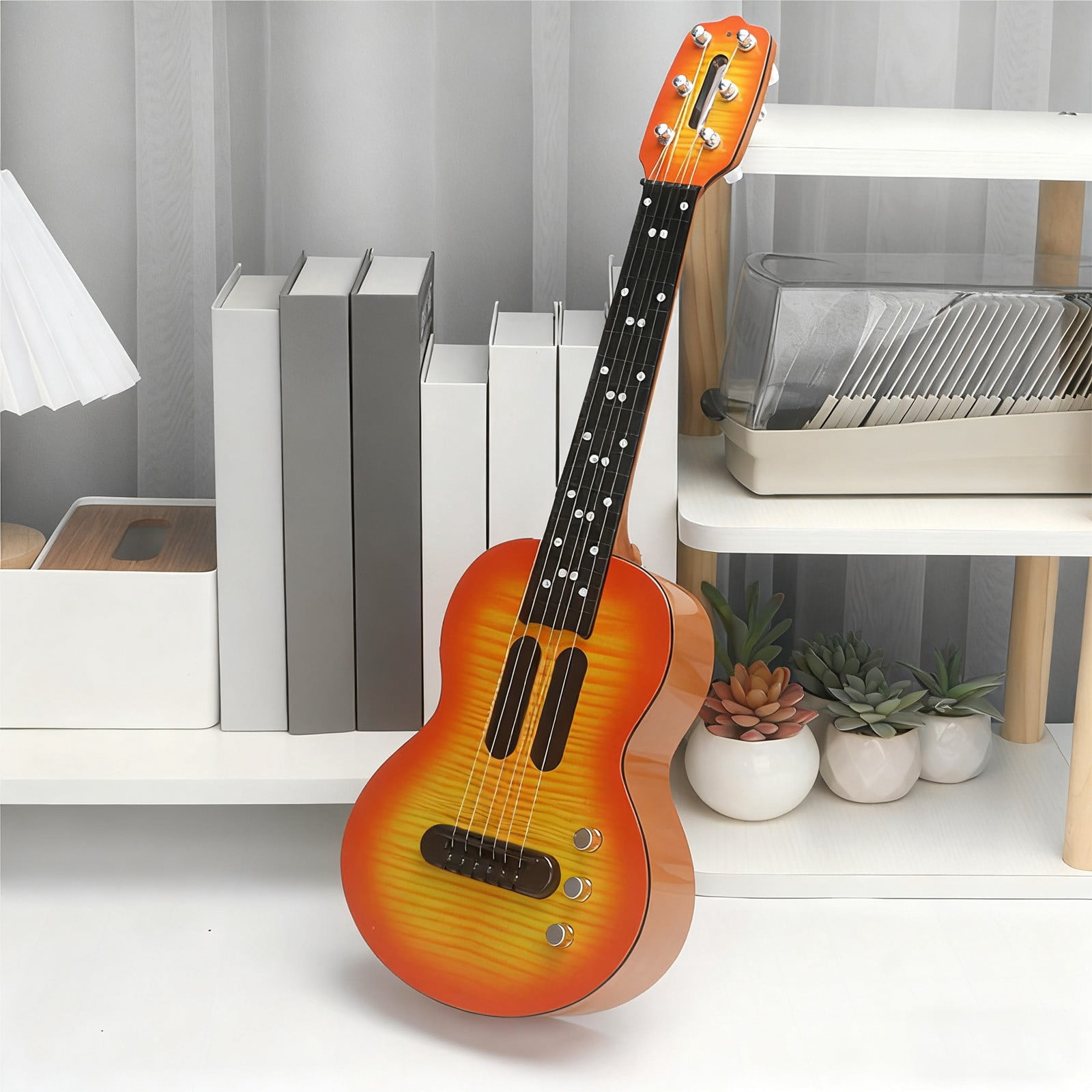 Kids Electric Guitar Toy Simulation Ukulele with Touch Sensitive Strings Adjustable Tuning Pegs Educational Musical Instrument for Children(Brown)