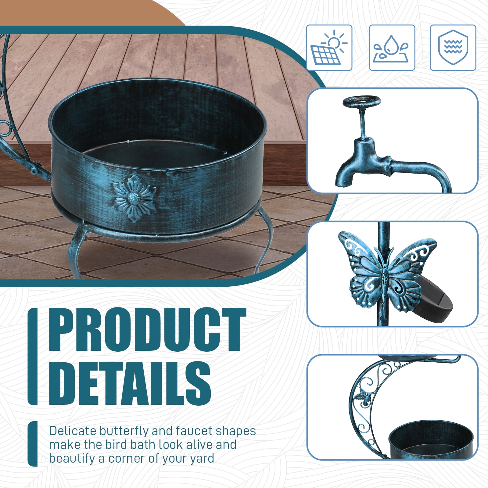 UBesGoo Bird Bath for Outside with Solar Lamp and Removable Flower Planter Pedestal 36in Vintage Metal, Antique Blue