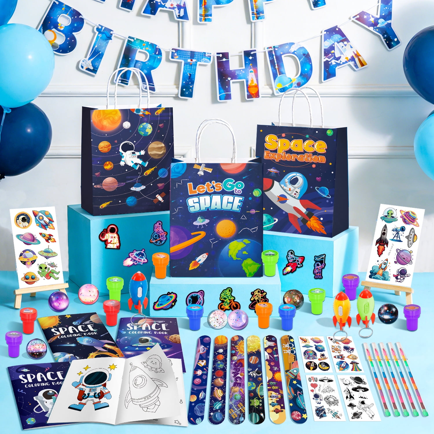 146pcs Space Party Favors Bags Fillers Includ Outer Space Goodie Bags Stickers Stamps Bracelets Solar System Coloring Books Pens etc for Astronaut Birthday Party Decorations Supplies