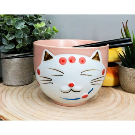 Ebros Whimsical Ceramic Pink Lucky Meow Cat Ramen Noodle Bowl and Chopsticks Set