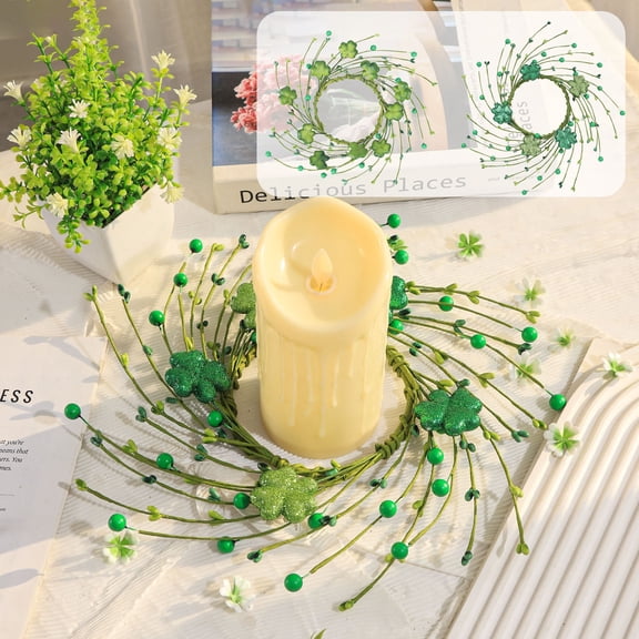 St Patricks Day Green Four Leaf Clover Berry Candle Holders - Irish Festival Themed Decor for Home Tabletop Displays, Party Venue Centerpieces, Candlelight Dinners, and Holiday Accents, 10in, A