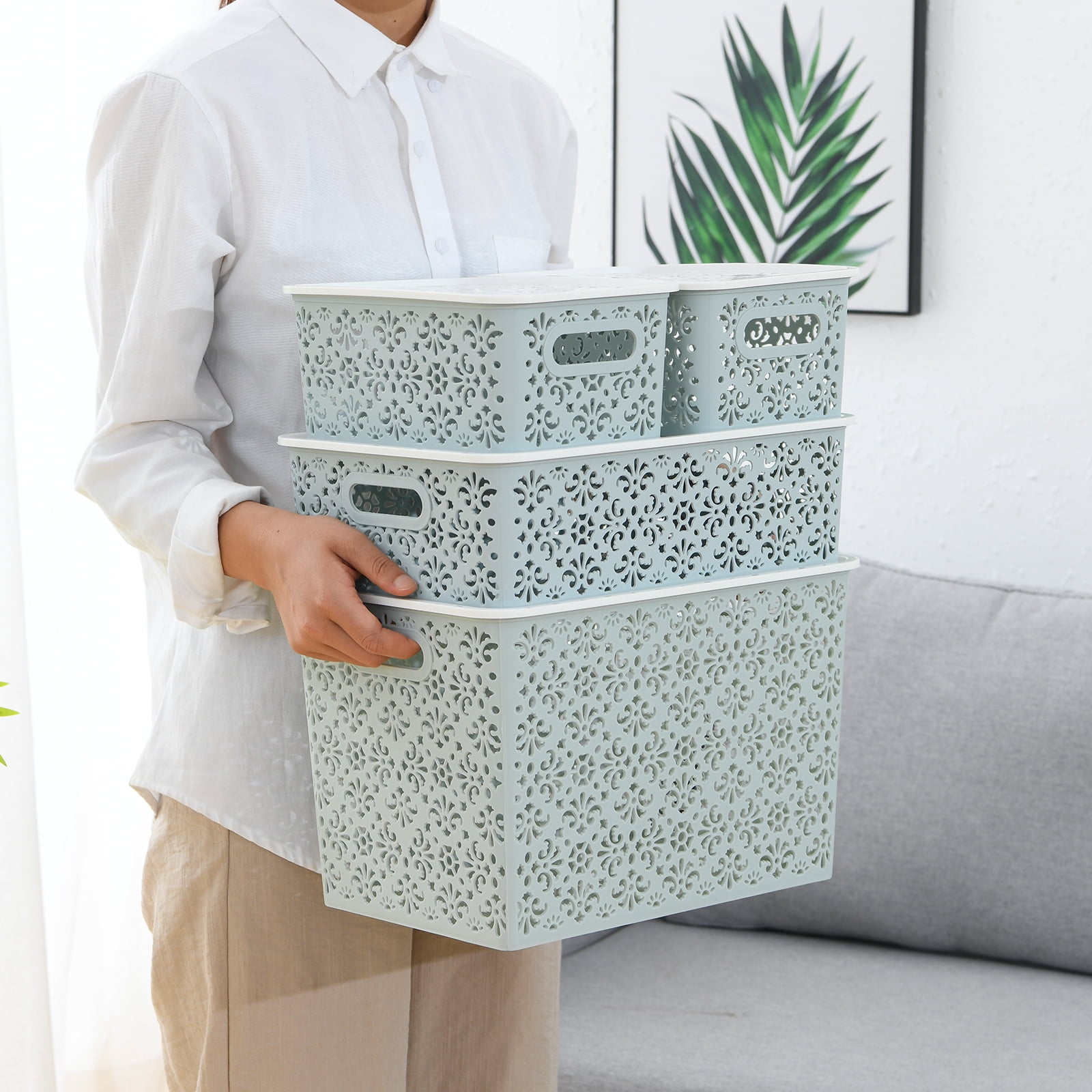 ANMINY Stackable Lace-Design Storage Bins, Blue, 6 Count Pack