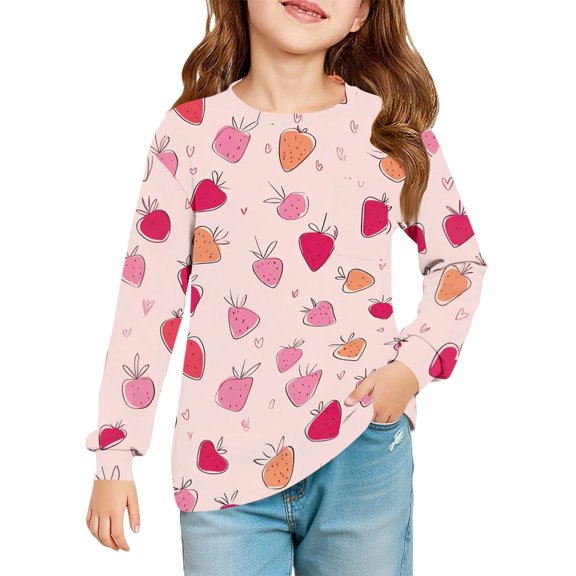 Abcomgle Kids Long Sleeve Shirt Girls 7-8 Trendy Strawberry Graphic Crewneck T-Shirts for Kids Girls Fall Basic Girls Tops Cute Blouses for Girls with Pocket