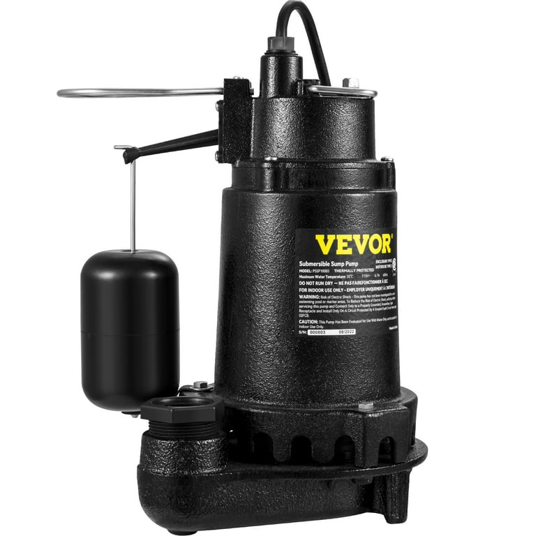 VEVOR Sump Pump, 1 HP 5600 GPH, Submersible Cast Iron Water Pump, 1-1/2  Discharge With 1-1/4 Adaptor, Automatic Integrated Vertical Float Switch,  for Indoor Basement Water Basin, Black 