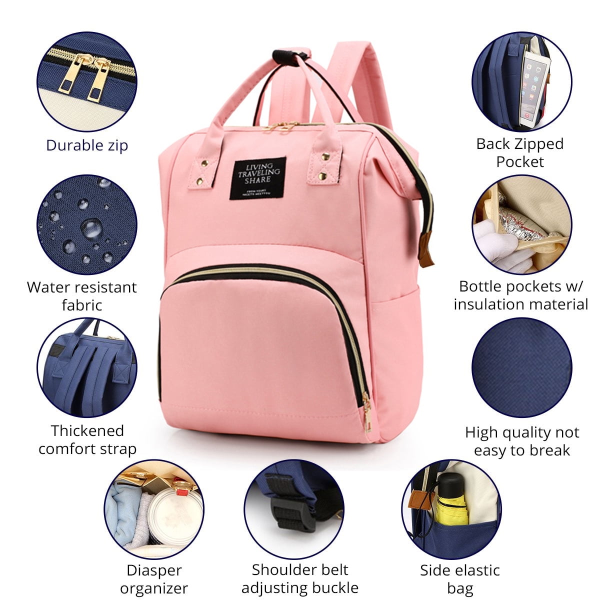 Diaper Bag Backpack, Multifunctional Mommy Nappy Bags with Insulated  Pockets, Waterproof, Large Capacity, Pink - Walmart.com