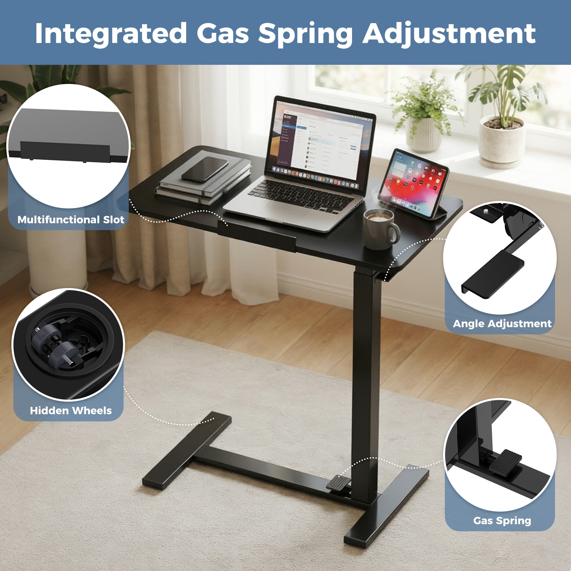 EDX Adjustable Overbed Table with Wheels, Rolling Laptop Bed Desk for Home Hospital Use, Height & Tilt Adjustable Mobile Table for Eating, Working, Reading， Black