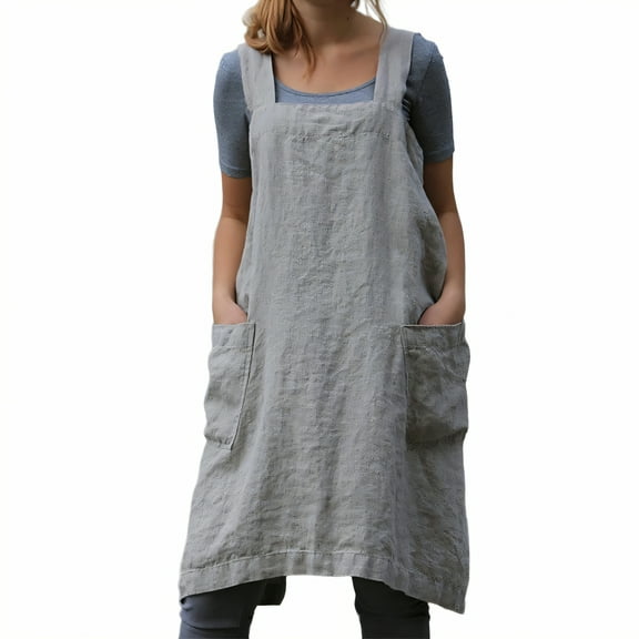 AUQ Aprons for Women with Pockets,Cotton-Linen Blend Kitchen Apron,Unaltered Form Apron with Pockets,Gray,S