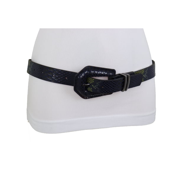 Women Black Blue Faux Snakeskin Leather Fashion Pant Jeans Belt S M