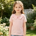 thumbnail image 6 of Lumtrix Toddler Girls Short Sleeve Shirts Scalloped Doll Collar Blouse | Solid Color Casual Tee Tops, 0 Months-7 Years Pink 110, 6 of 6