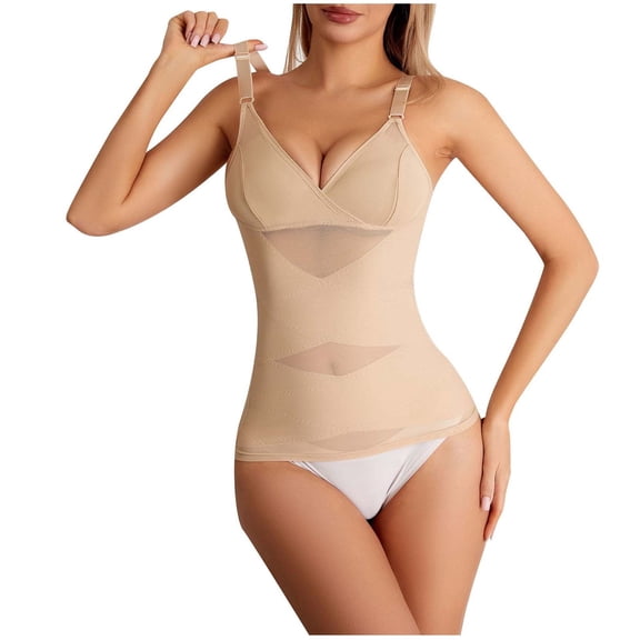 QSAWXQZ Women's Seamless Shapewear Camisoles Mesh Patchwork Cross V Neck Sleeveless Tummy Control Body Shaper Leotard 3XL