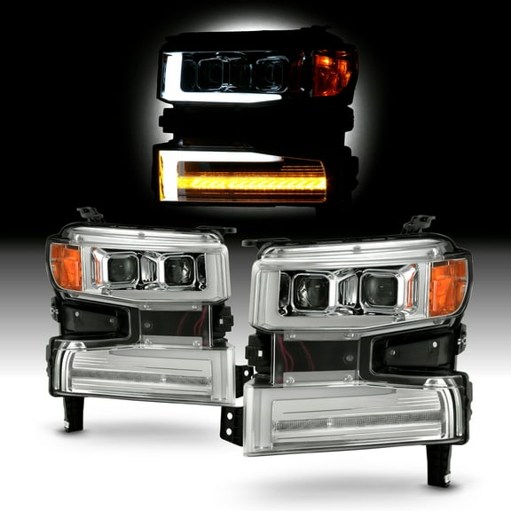 AKKON - Fits 2019-2022 Chevy Silverado 1500 [Halogen Type] Projector Chrome Headlights w/LED Sequential Signal Running Lamp Pair