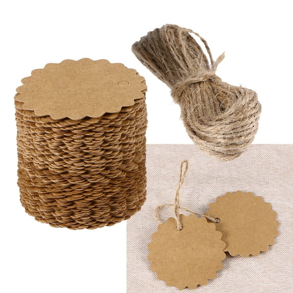 OUNONA 100pcs Kraft Paper Gift Tags Round Scalloped Tags Creative Price Paper Label with 10M Jute Twine for DIY Party Wedding ( Brown 6cm Diameter )