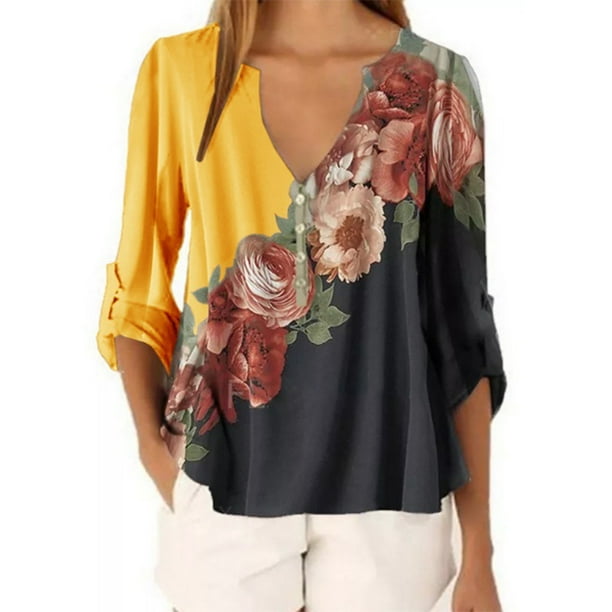 Pntutb Mujeres Casual tops Camisa Damas Cuello en V Estampado floral Camiseta suelta Blusa Camiseta top Pntutb Pntutb-68