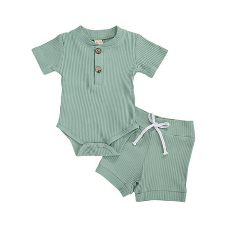 

Douhoow 0-24M Newborn Baby Knit Solid Short Sleeve Romper Tops+Shorts Summer Boy Girl Clothes Set