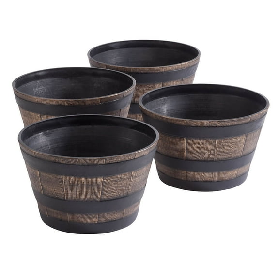 Wood-Look Barrel Planters, Lightweight Durable Plastic, Outdoor Décor, Rustic – 8” H x 13” Dia