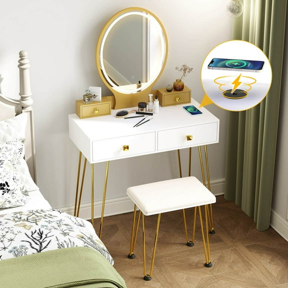 Costway Industrial Mirrored Vanity Makeup Dressing Table Padded Stool Set 3-Color Lights