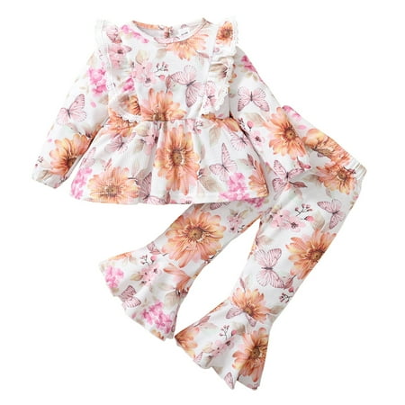 

NZRVAWS 4T Toddler Baby Girls Outfits Long Sleeve Butterfly Print Sunflower Print Round Neck Top +Butterfly Print Sunflower Print Bell-bottom Pants 2Pcs Clothes Set 4-5T
