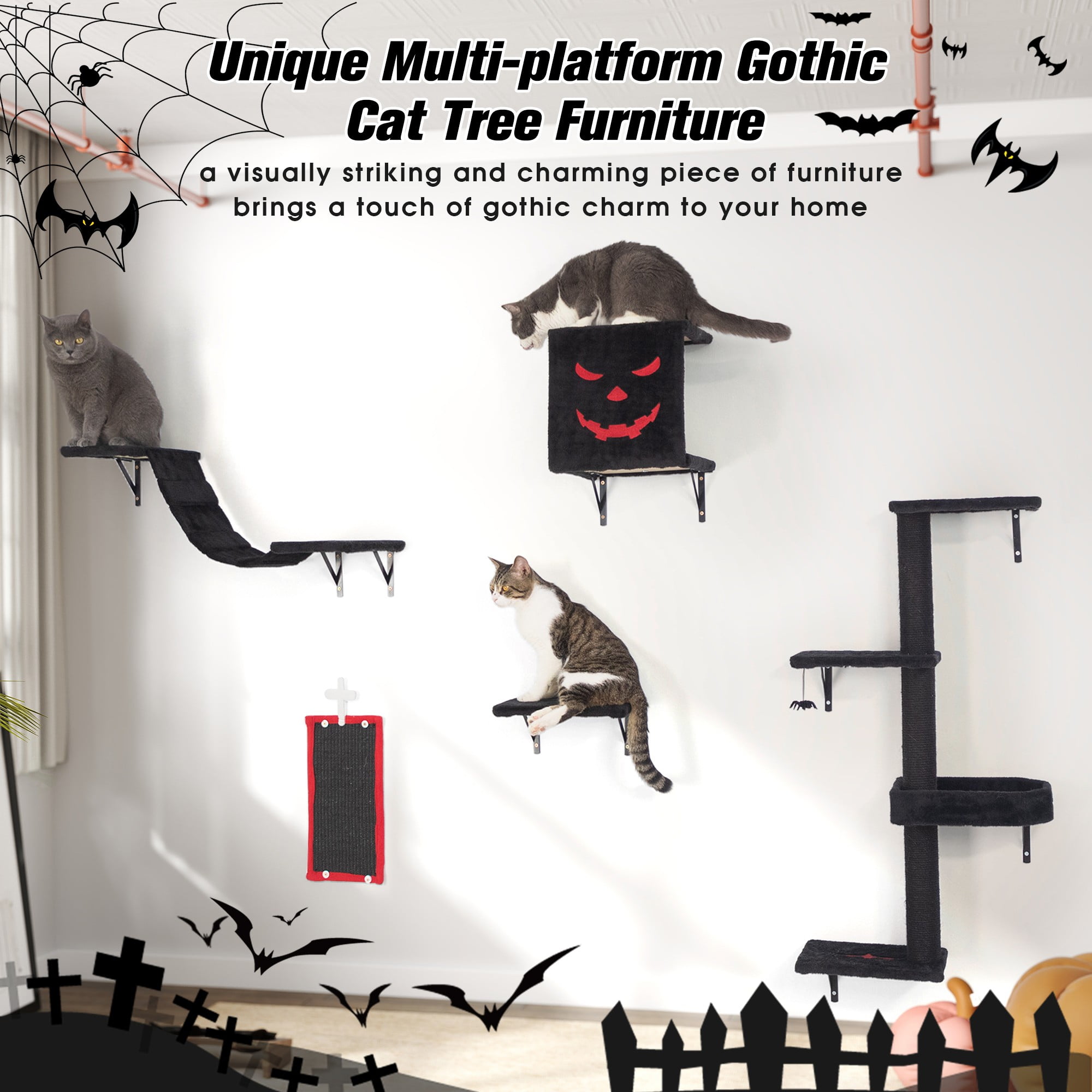 Pefilos Cat Wall Shelves and Perches Set for 5, Cat Tower for Adult Cats Mounted Cat Tree House for Large, Indoor Cat Sleeping Playing Lounging Climbing Furniture, Gothic Pefilos Cat Wall Shelves and Perches Set for 5, Cat Tower for Adult Cats Mounted Cat Tree House for Large, Indoor Cat Sleeping Playing Lounging Climbing Furniture, Gothic