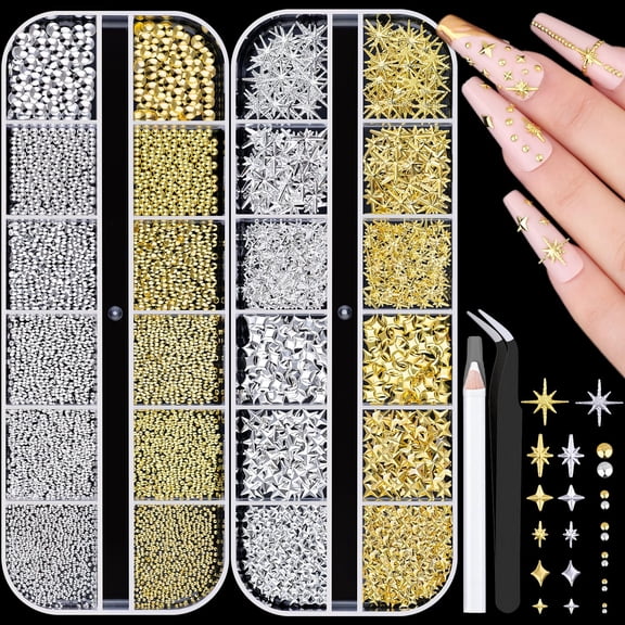 BZCOE 3D Star Nail Charms,Gold&Silver Multi-Shapes Metallic Nail Art Gems and Small Round Caviar Beads,Craft Jewels Nail Rhinestones Accessories Manicure Decor with Tweezers and Pick-Up Pencil