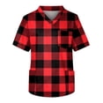 thumbnail image 4 of Domuza Scrub Tops Men Plaid Stripe Printed Short Sleeve V Neck Caregiver Uniform Plus Size Comfy Soft Medical Workwear with 3 Pockets Red 5XL, 4 of 5