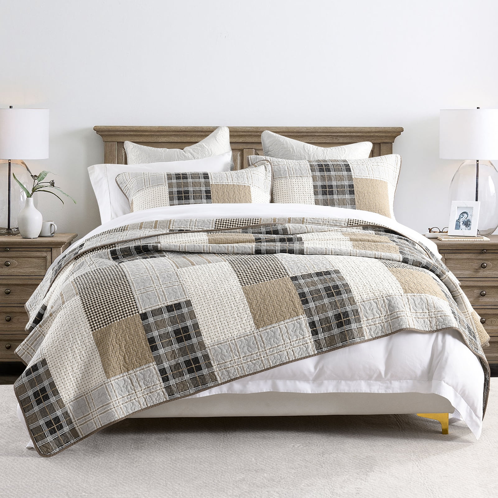 PANGUSHAN Farmhouse Patchwork 3 -Piece Cream/Beige/Gray Bedding Sets, Queen
