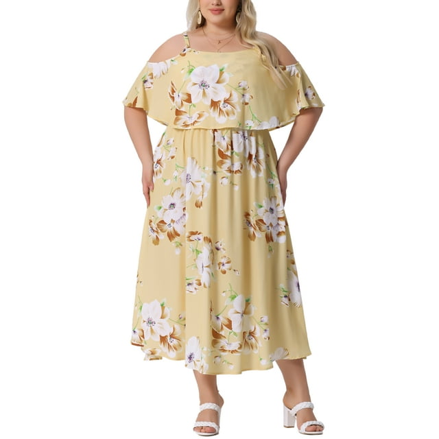 Vestido Maxi de Verano para Mujeres Talla Grande Agnes Orinda con Cuello Cuadrado, Tirantes Ajustables y Mangas Frías, 2X Amarillo