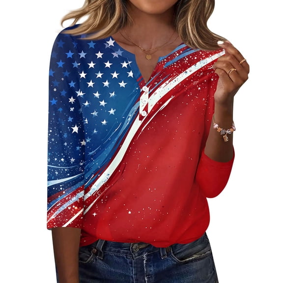250th Anniversary USA Shirts for Women 3/4 Sleeve Tshirts Loose USA Flag Print Tops Independence Day Patriotic Pullover 4th of July Celebration Party V Neck 1776-2026 Blouses Royal Blue M