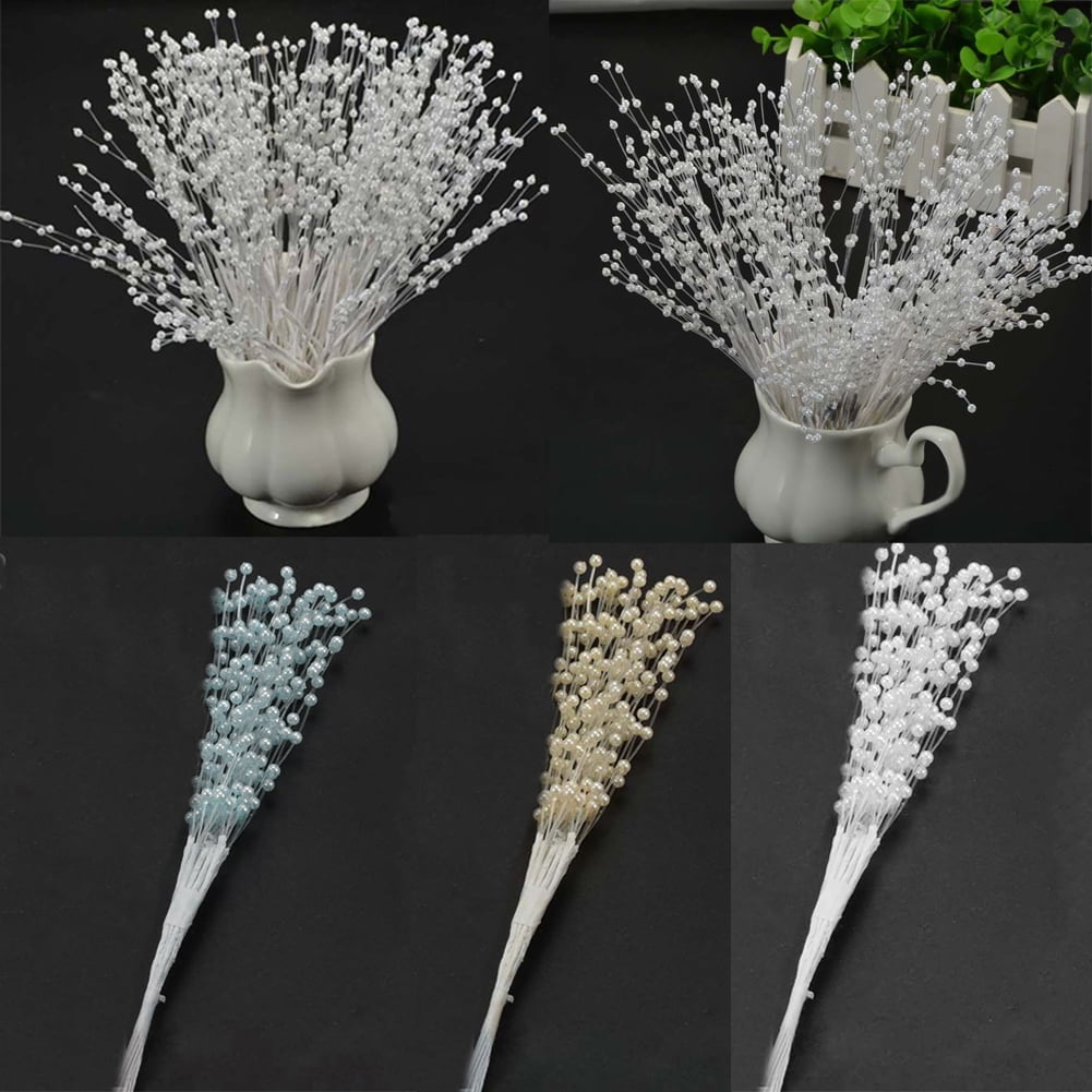 50pcs 4mm Pearls String Beaded Bouquet Spray Sticks for Bridal Beaded  Wedding Party Table Decorations(White)