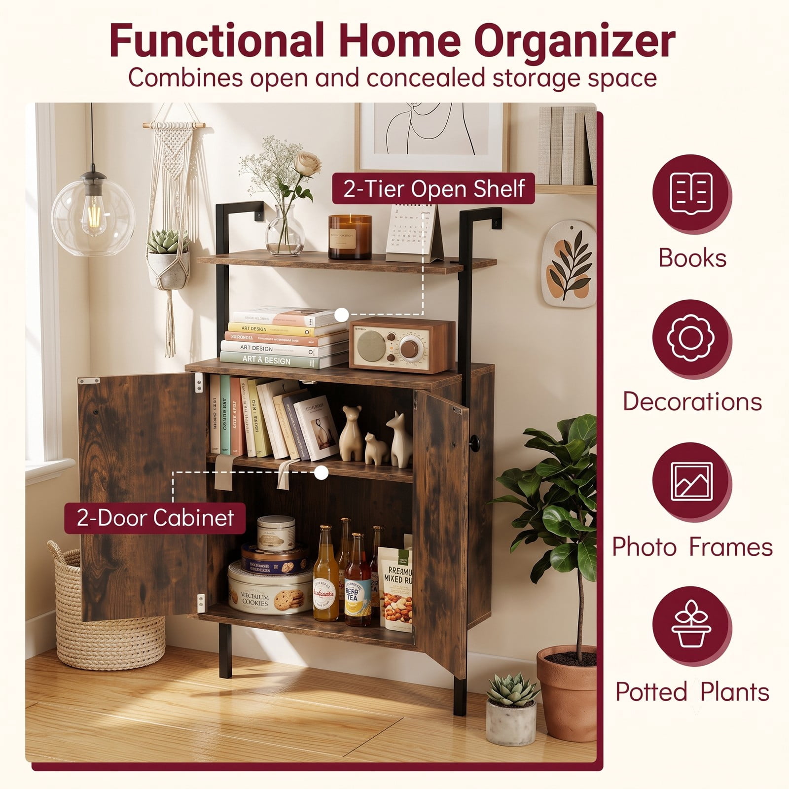 Furnibear 2-Door Wall Mount Bookshelf with Storage Cabinet, Industrial 2-Tier Open Bookcase with Concealed Cabinet, Metal Frame Wall-Mounted Storage, Rustic Brown