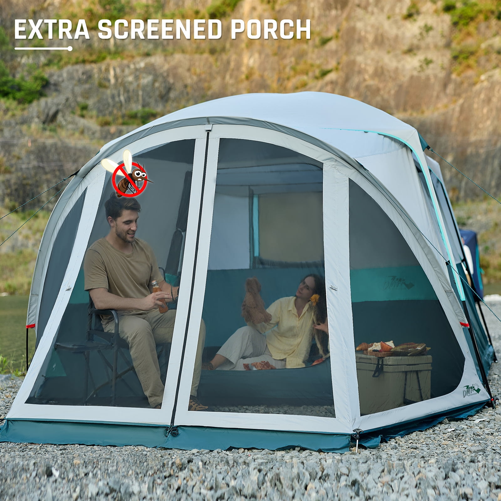 6 Person Family Cabin Tent with Screen Porch, DMH OUTDOORS Camping Tent for Outdoor Camping Backyard Green