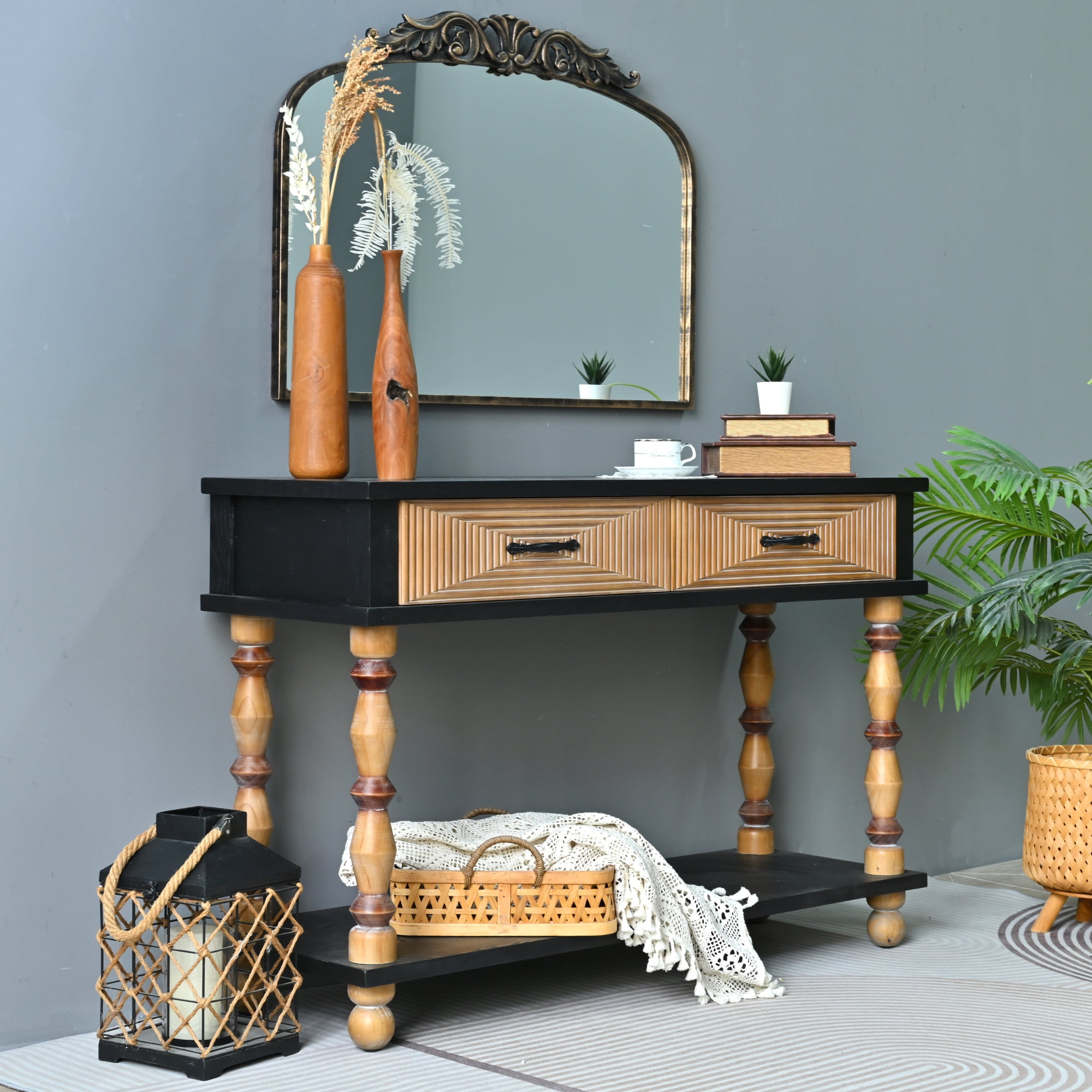 Leumius 47.64" Accent Rustic Carved Table, Rectangle Solid Wooden Console Table with Open Shelf and 2 Drawers for Kitchen, Dining Room, Living Room